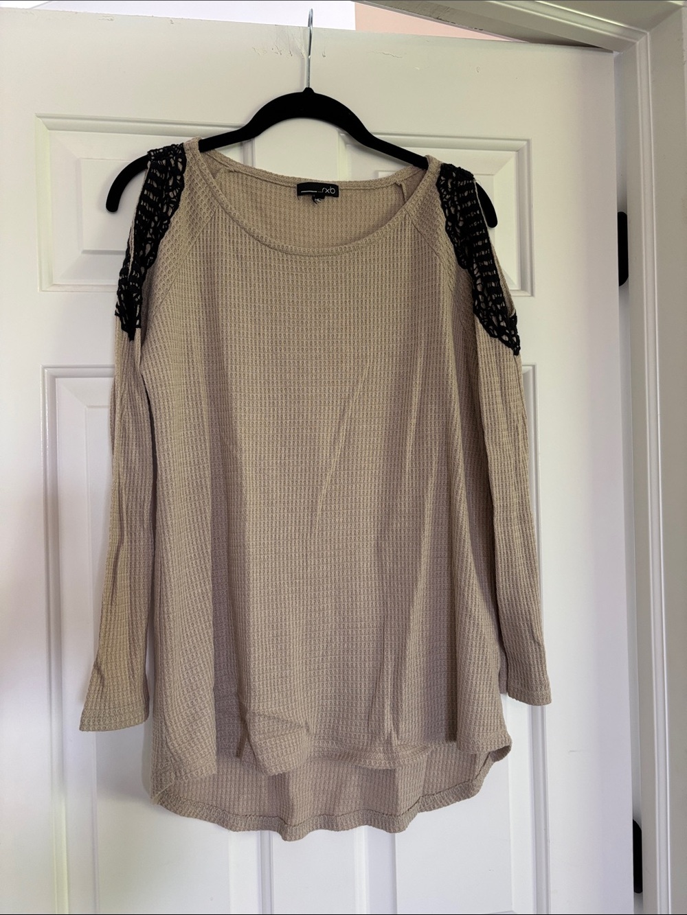 RXB Beige Cold-Shoulder Waffle Knit Top with Black Lace Accents